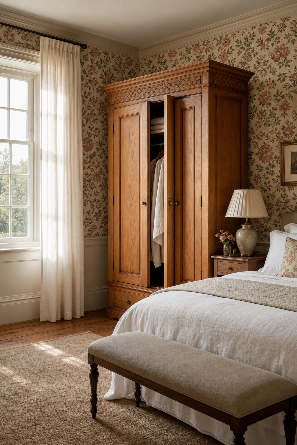 English country guest bedroom with a wooden wardrobe set against richly patterned floral wallpaper, soft warm white painted trim and natural light from a tall window