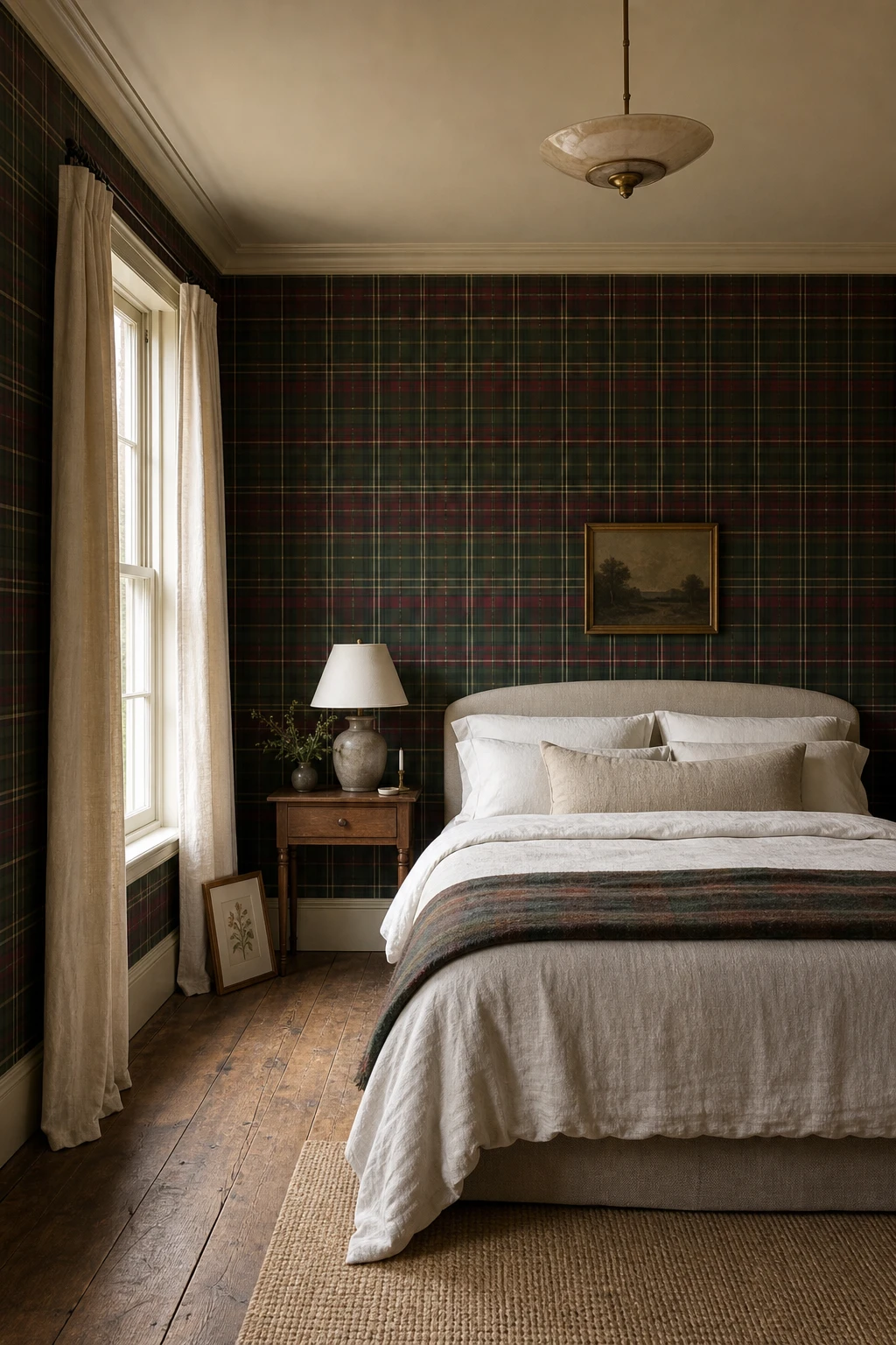 English country guest bedroom with bold tartan wallpaper as hero, plain linen bedding, wooden furniture, and warm natural light through sash windows