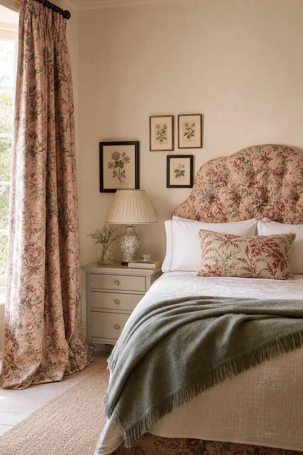 English Country guest bedroom with chintz fabric as hero, floral curtains, upholstered headboard, Setting Plaster pink walls, natural morning light