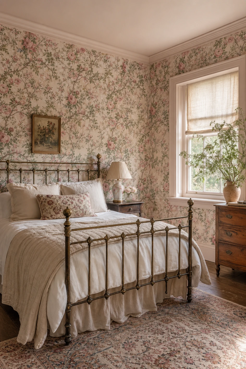 English country guest bedroom with cottage floral wallpaper as the hero, antique brass bed, linen bedding, and soft morning light on warm neutral walls