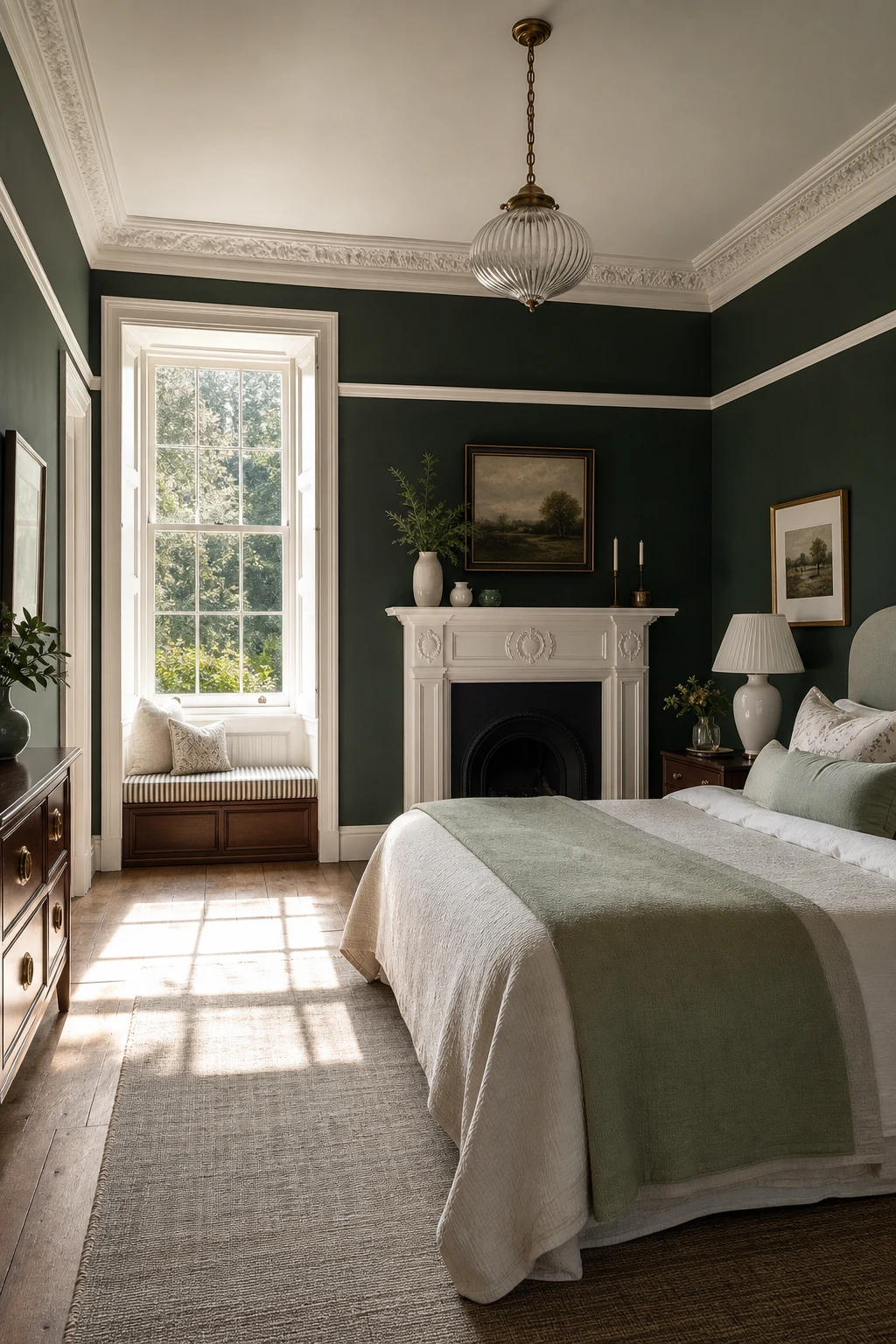 English country guest bedroom with dark green walls and crisp white woodwork, featuring a dressed bed, sash windows and period trim details