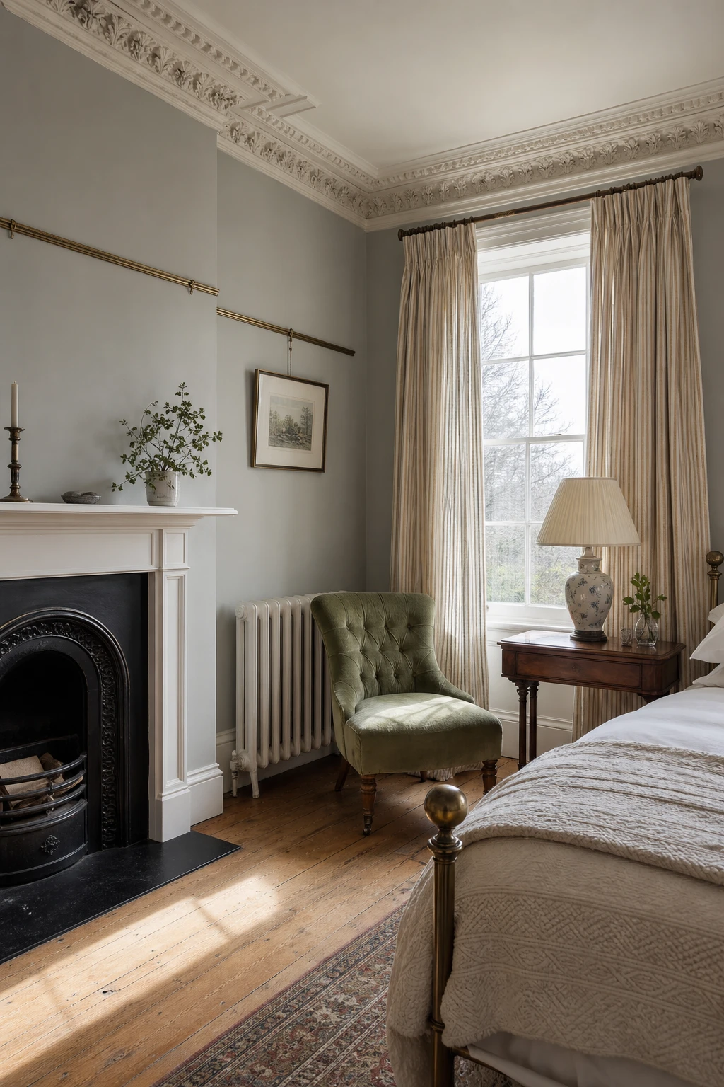 English Country Guest Bedroom with Edwardian details including ornate cornice moulding, sash window, cast iron fireplace and period furniture painted in Farrow and Ball Lamp Room Gray