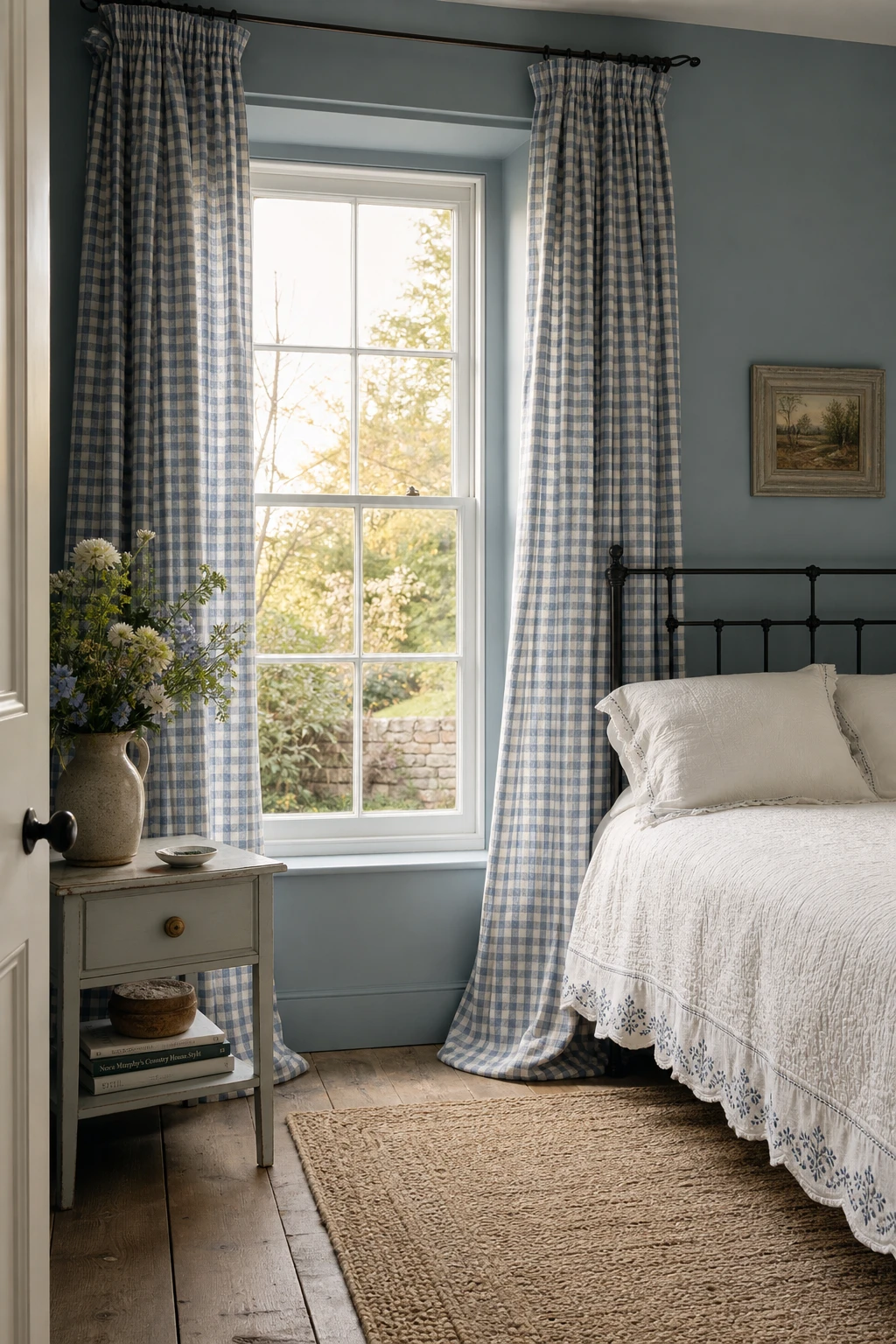 English country guest bedroom with gingham curtains as the hero, antique iron bed, quilted coverlet, and Borrowed Light painted walls in soft morning light