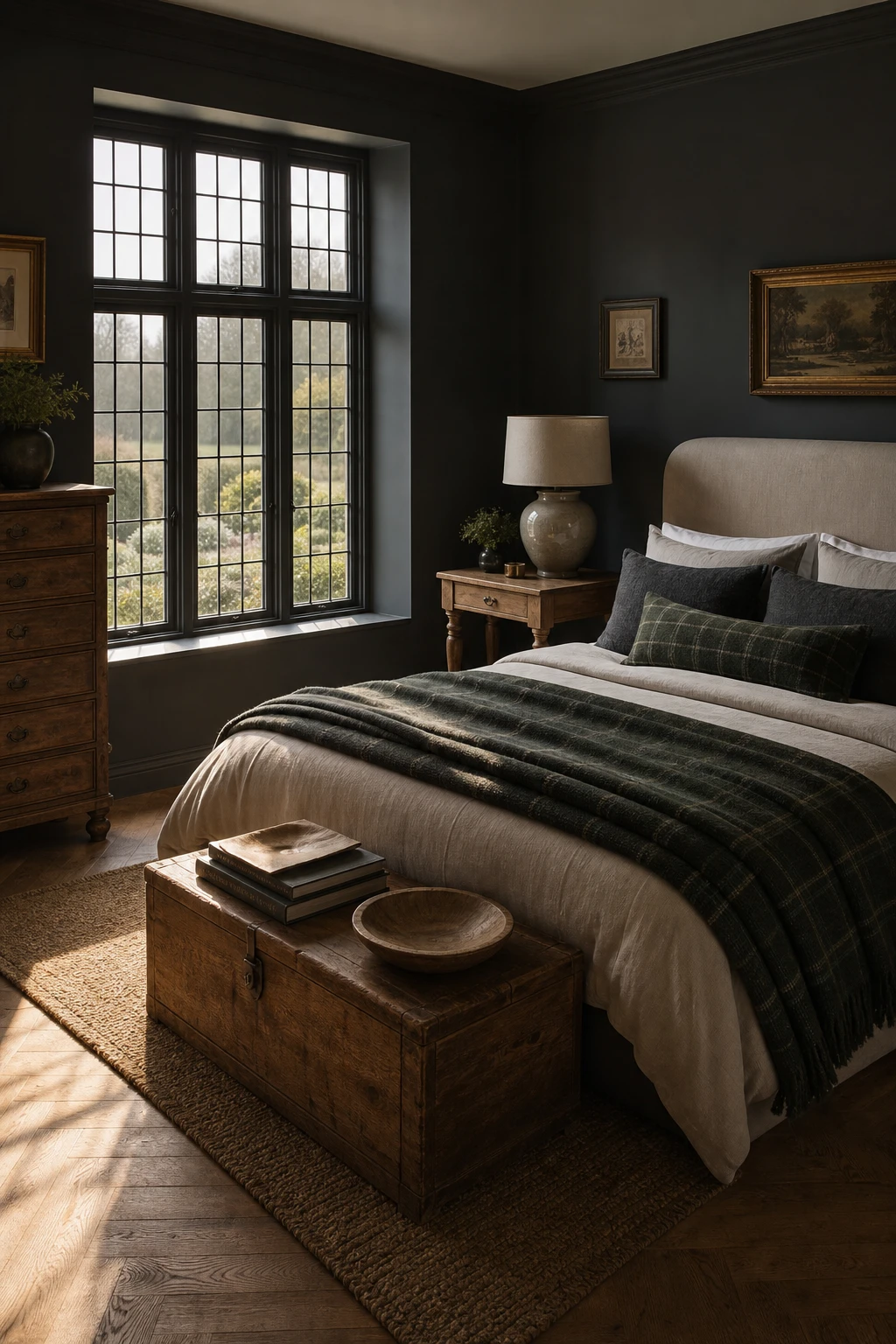 English country guest bedroom with masculine cottage palette featuring deep grey walls, aged timber furniture, woven textiles and a mullioned window in warm morning light