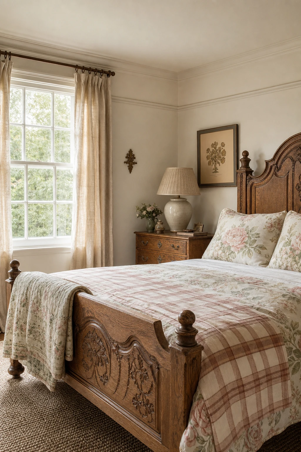 English country guest bedroom with mixed floral and check bedding as the hero, warm walls in Farrow and Ball Joas White, linen curtains and antique oak furniture