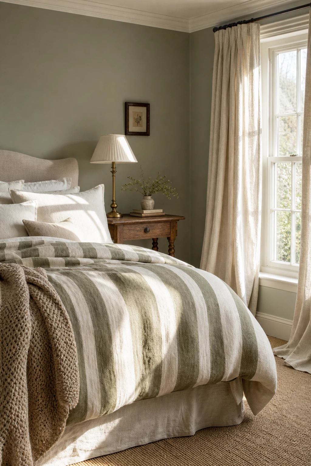 English country guest bedroom with olive stripe bedding as hero, sage green walls in Farrow and Ball Mizzle, linen curtains, wooden bedside table and brass lamp