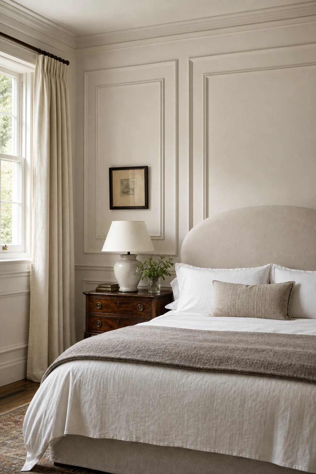English country guest bedroom with painted wall panelling in warm neutral tones, floral bedding, sash window, and antique wooden furniture in soft morning light
