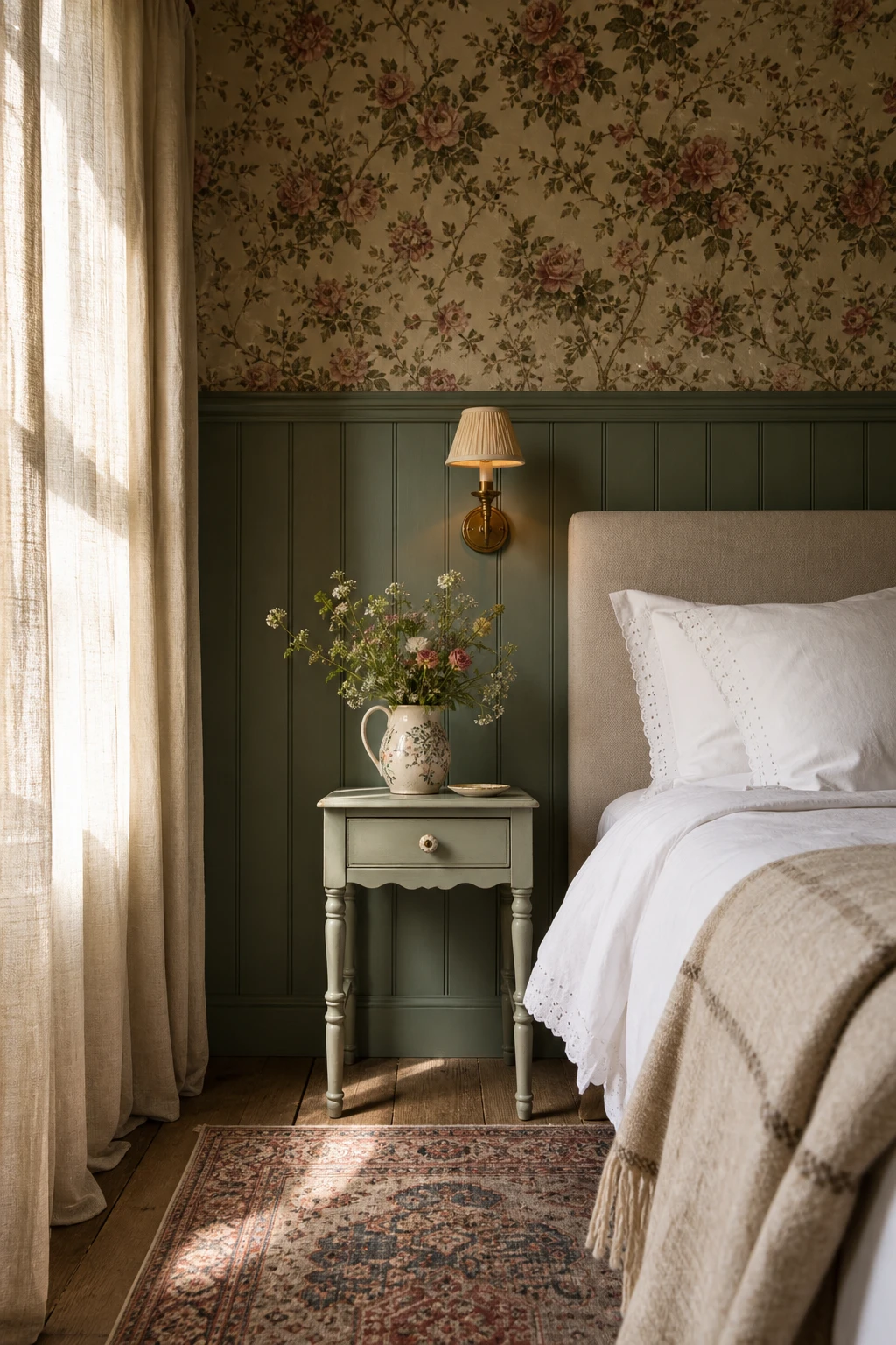 English country guest bedroom with sage green painted panelling below a romantic floral wallpaper above, soft natural morning light, linen bedding and brass wall sconces