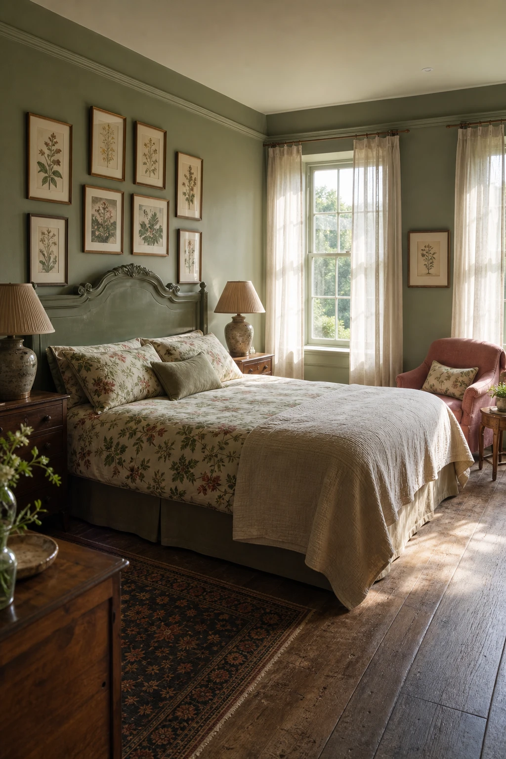 English country guest bedroom with sage green walls, floral linen bedding, sash windows, antique oak floorboards and a painted wooden headboard in warm afternoon light