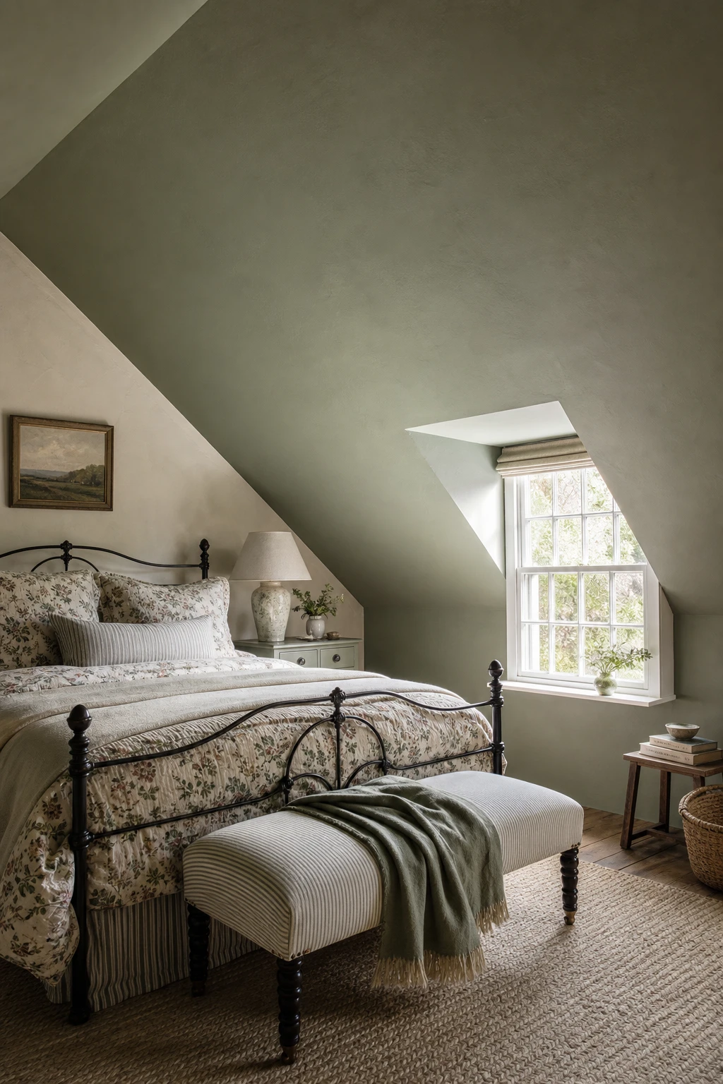English country guest bedroom with sloping ceiling painted sage green, iron bed, floral linen, dormer window and oak floorboards in warm morning light