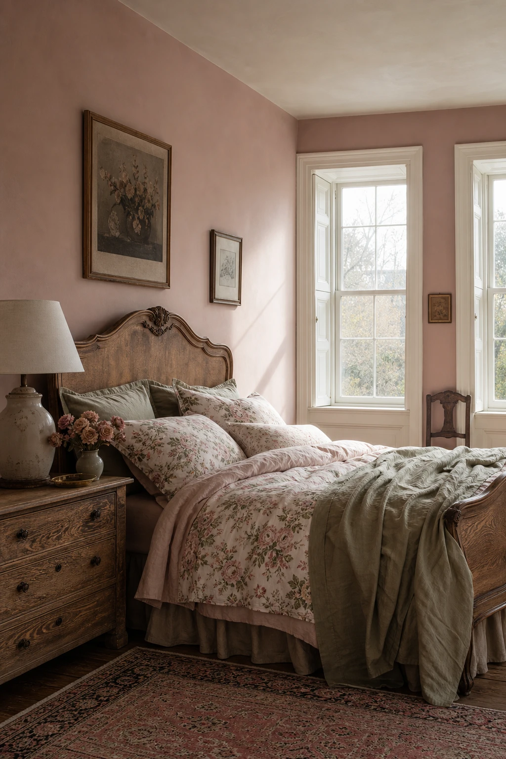 English country guest bedroom with Sulking Room Pink walls, floral linen bedding, sash windows with white trim, antique wooden nightstand and soft afternoon light