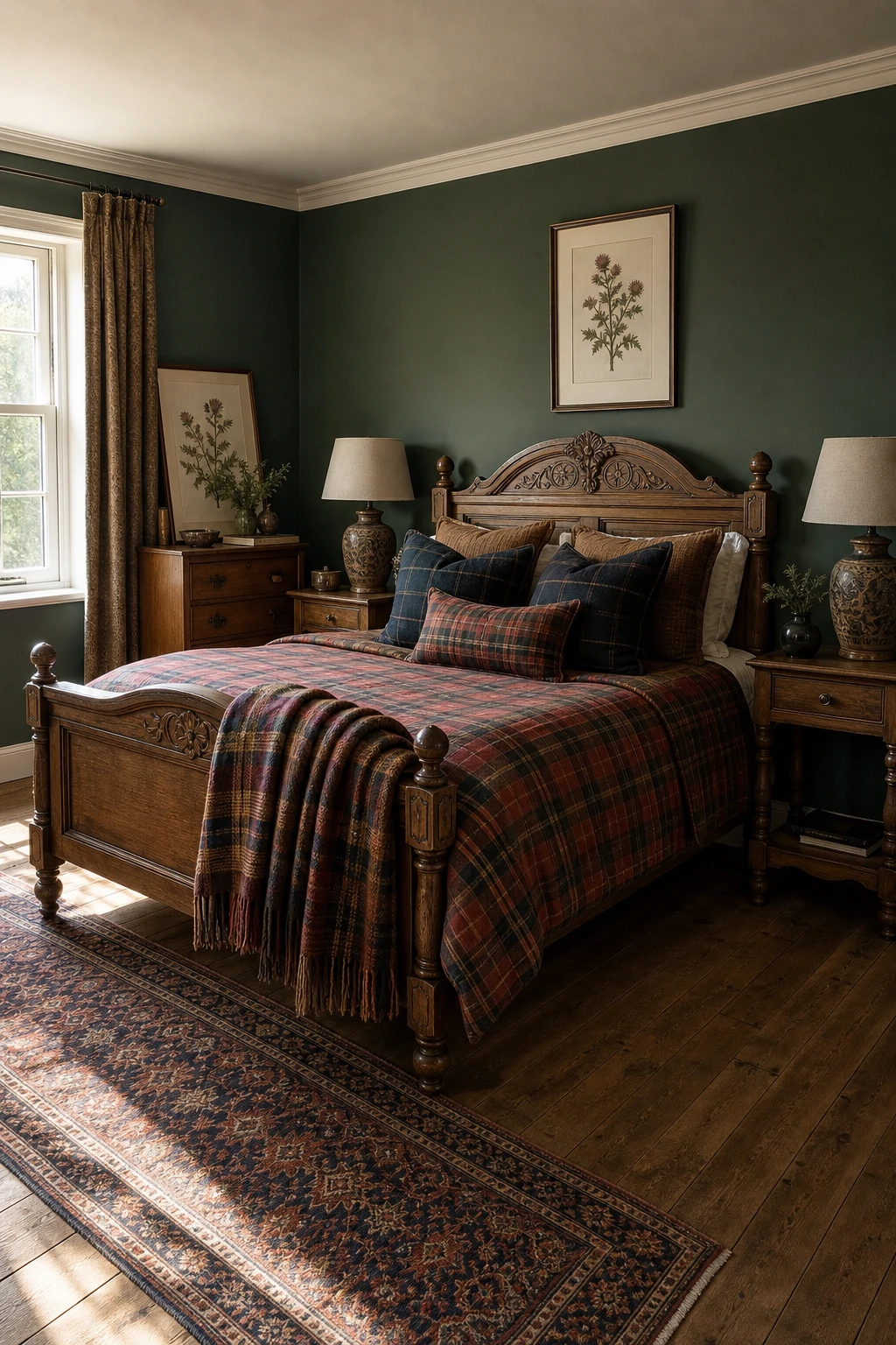 English country guest bedroom with tartan bedding as the hero, layered wool throws and plaid cushions on a carved oak bed, Card Room Green walls, soft morning light