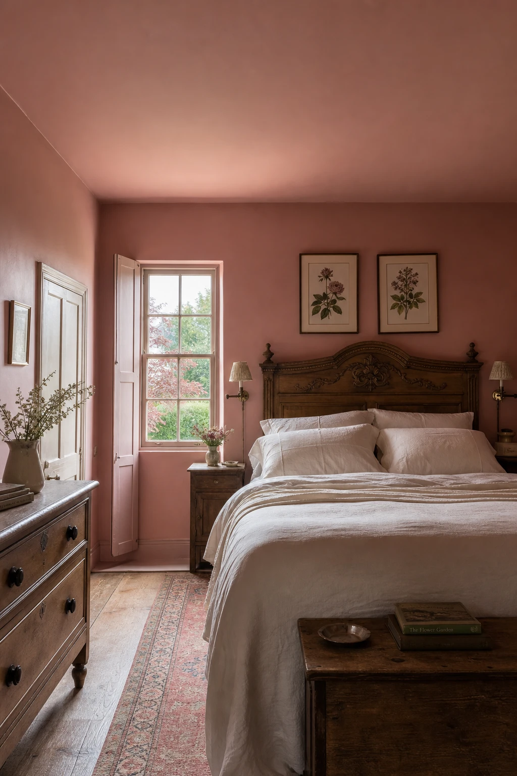 English country guest bedroom with walls and ceiling in Farrow and Ball Cinder Rose pink, layered linen bedding, antique wooden headboard, botanical prints and a sash window