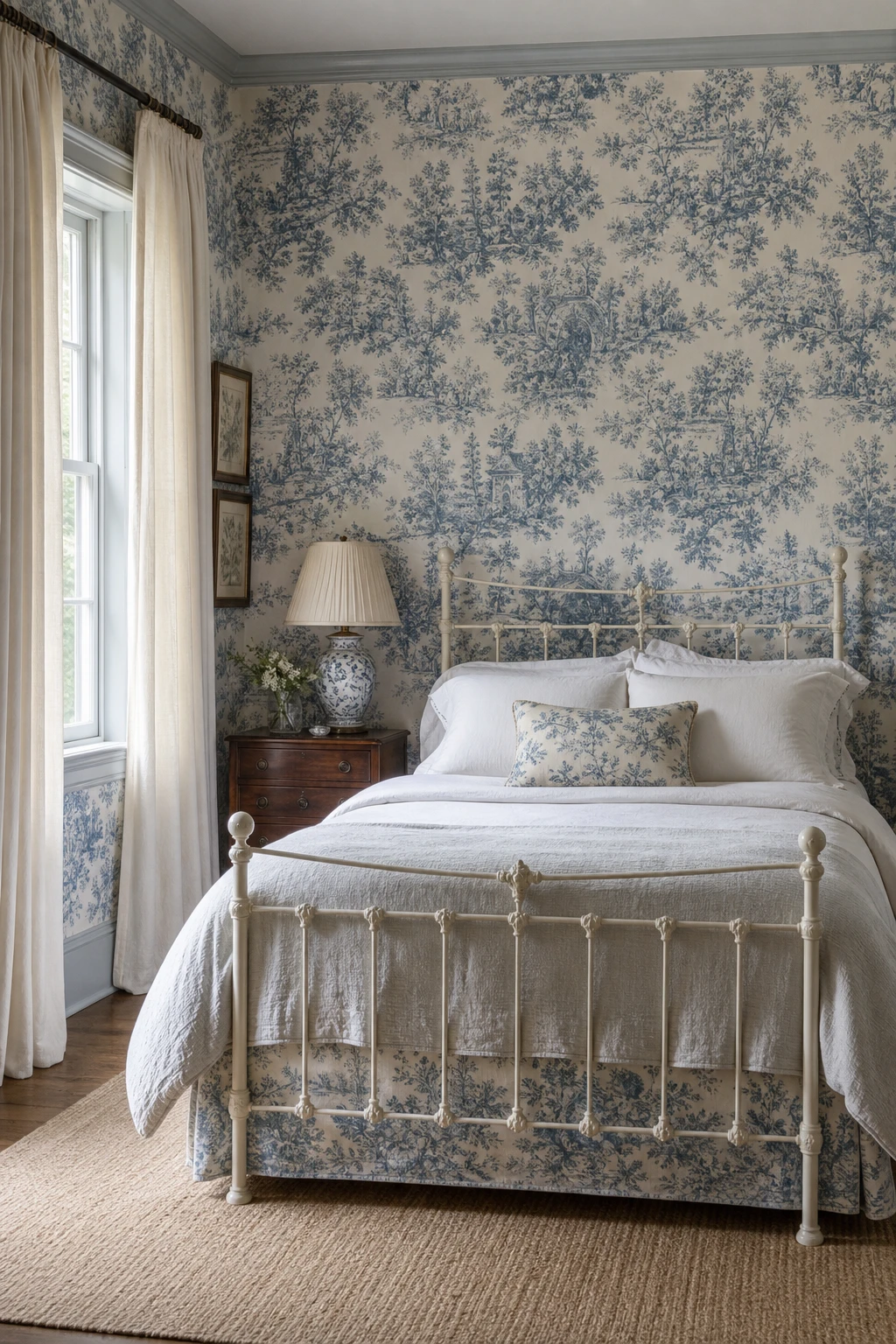 English country guest bedroom wrapped in blue toile wallpaper with a painted iron bed, linen bedding, a sash window and a vintage nightstand
