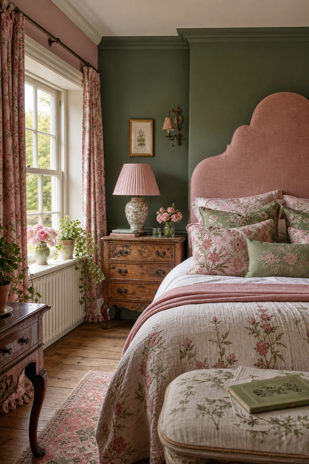 English country master bedroom with pink and green pairing, floral canopy bed, sage green painted walls, botanical printed textiles and natural linen curtains in warm morning light