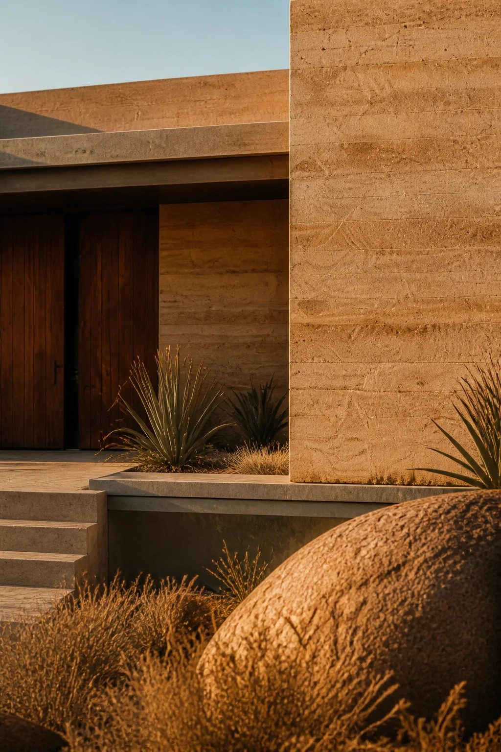 entry detail at Baja Earth House in Baja California Sur in an original fictional editorial architecture story about material, landscape, light and the calm sequence of rooms.......