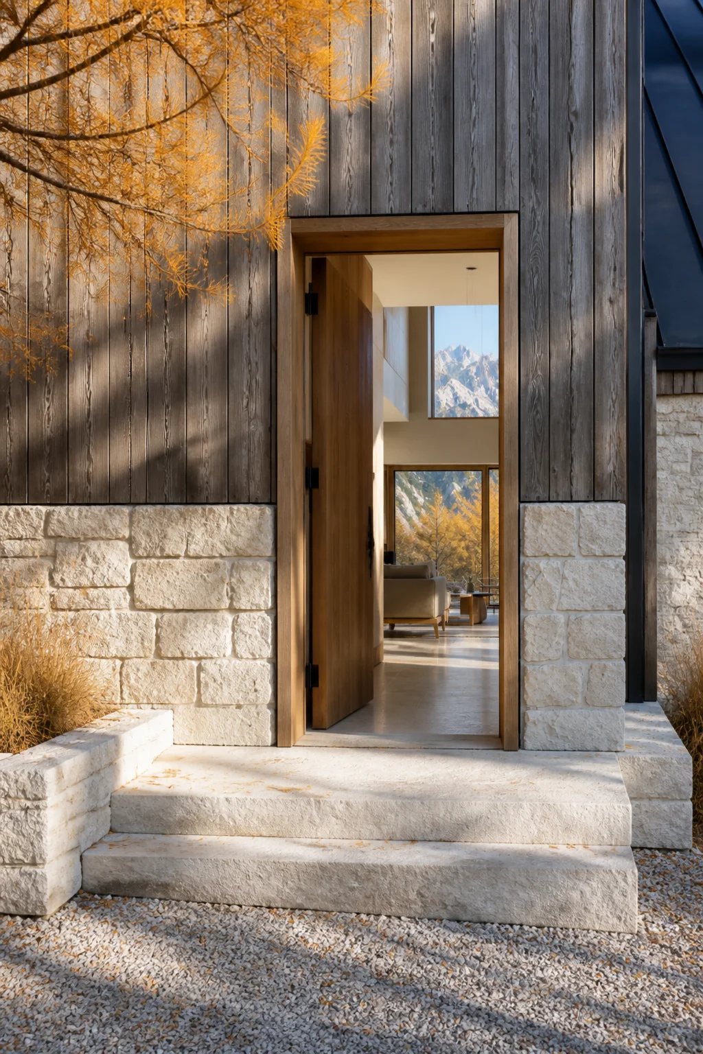 entry detail at the Slovenian Alpine House in the Julian Alps in an original fictional editorial architecture story about material, landscape, light and the calm sequence of rooms.