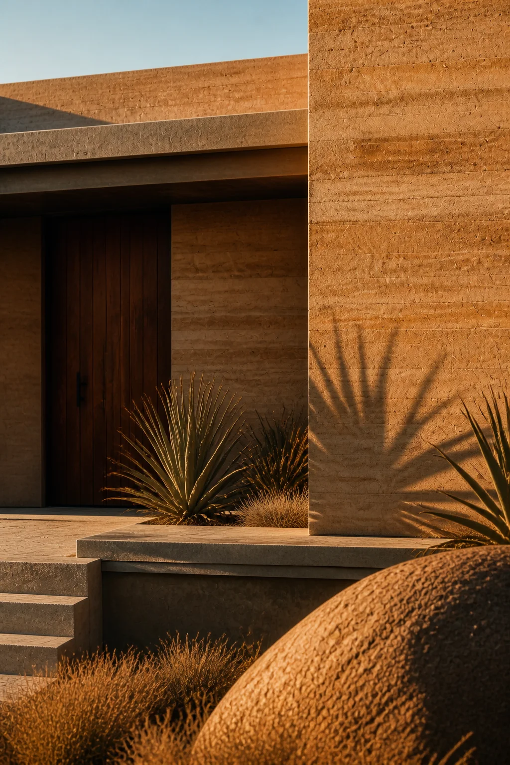 entry shadow at Baja Earth House in Baja California Sur in an original fictional editorial architecture story about material, landscape, light and the calm sequence of rooms.......