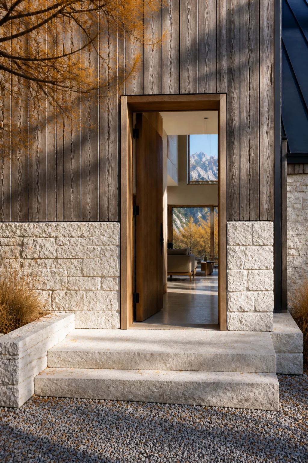 entry shadow at the Slovenian Alpine House in the Julian Alps in an original fictional editorial architecture story about material, landscape, light and the calm sequence of rooms.