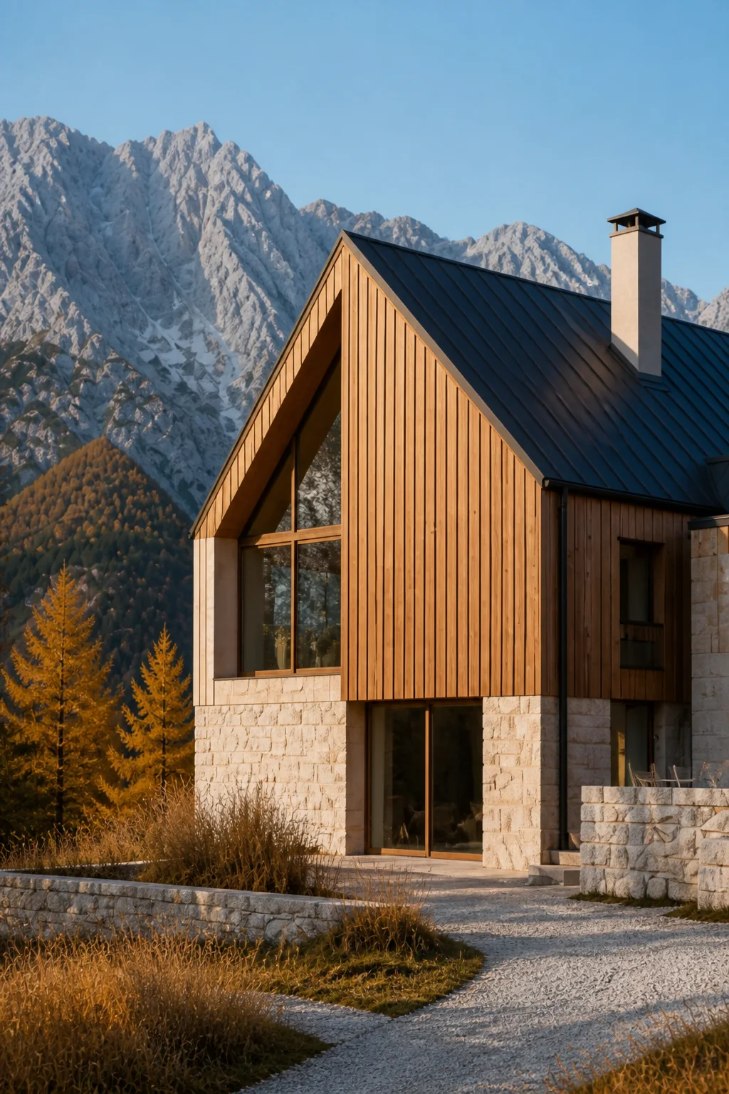 exterior shadow at the Slovenian Alpine House in the Julian Alps in an original fictional editorial architecture story about material, landscape, light and the calm sequence of roo