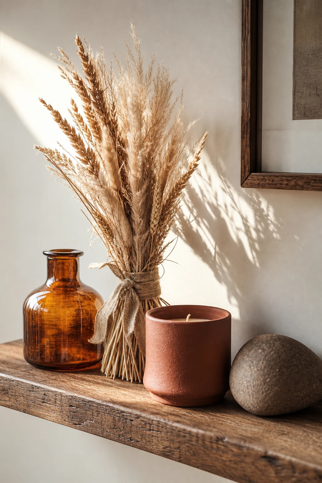 Fall bathroom shelf styled with warm seasonal objects, amber glass, dried botanicals, and small ceramic vessels against Farrow and Ball Joas White painted wall