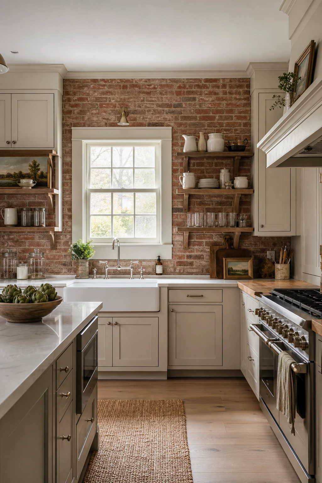 Farmhouse kitchen with white shaker cabinets, exposed brick backsplash, open shelving, apron sink, and warm natural light from a window above the counter
