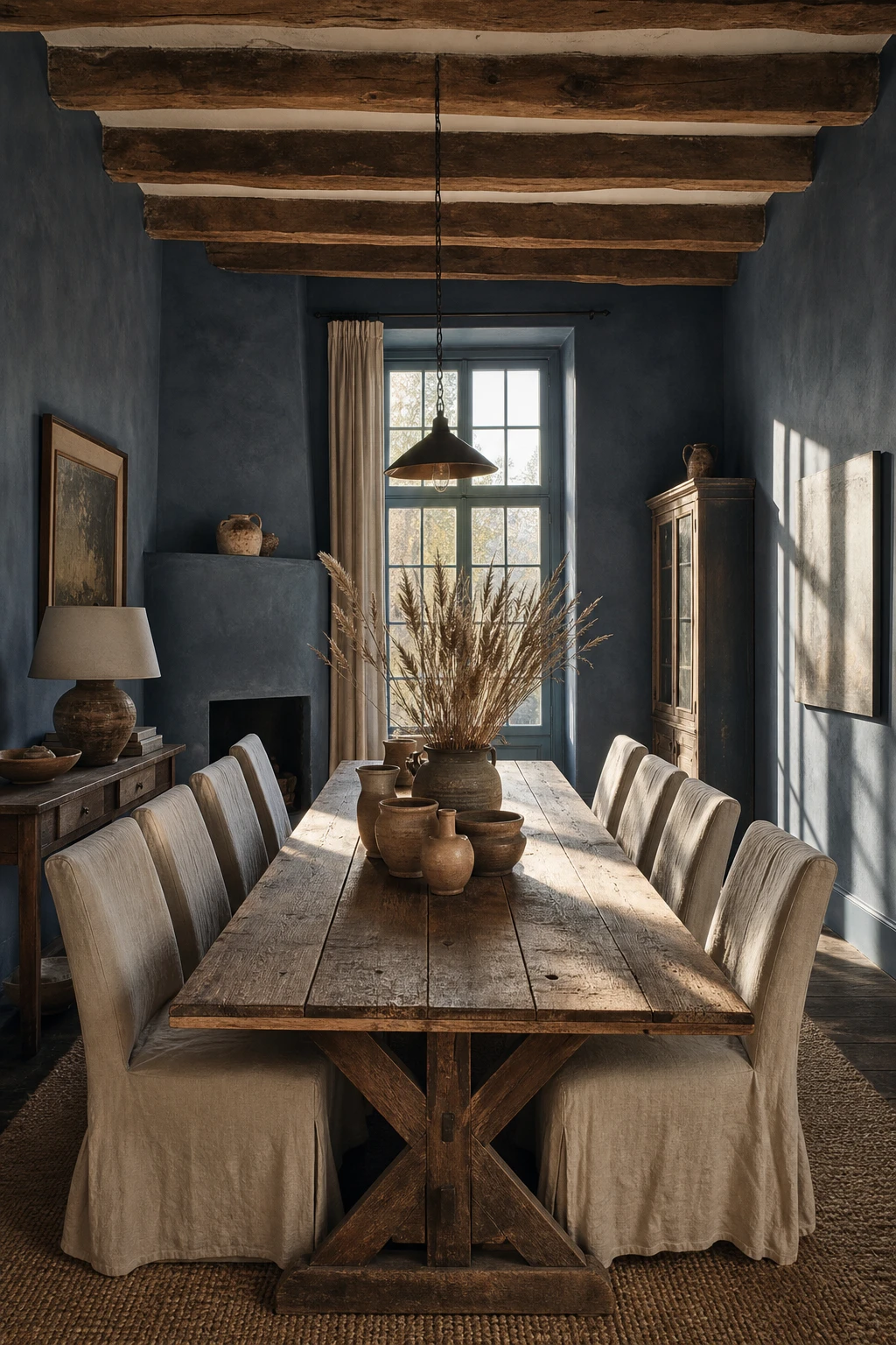 Farmhouse navy blue dining room with reclaimed wood table, exposed ceiling beams, linen chairs, and Farrow & Ball De Nimes painted walls bathed in warm afternoon light