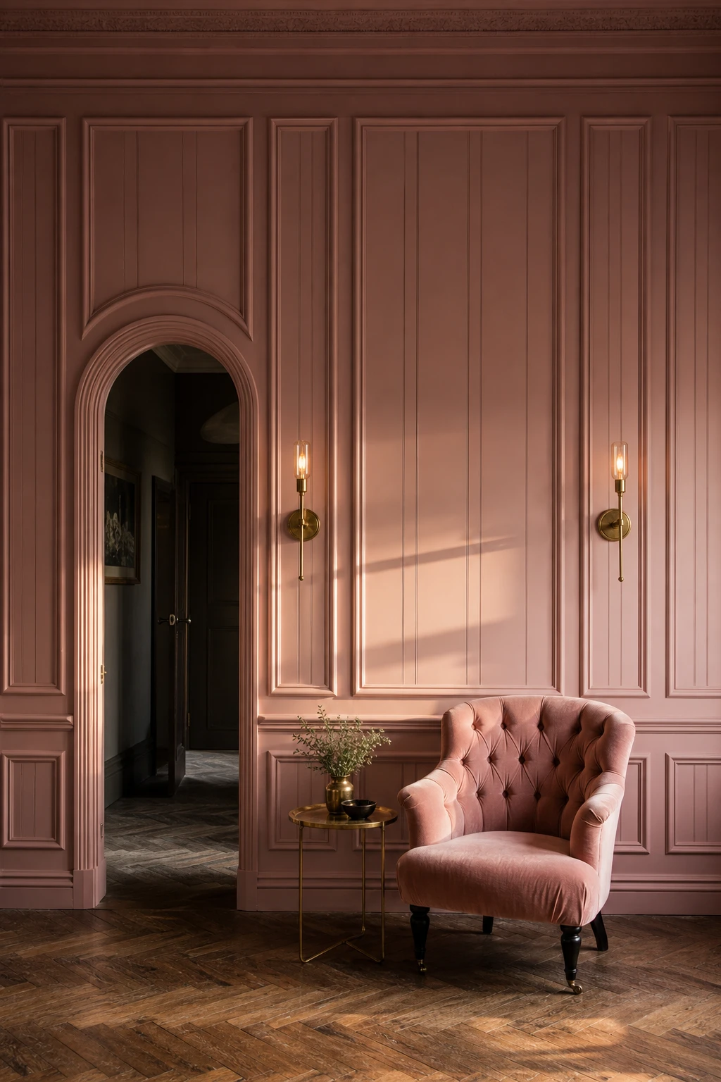 Floor to ceiling Sulking Room Pink panelled walls in a dusty pink interior with deep mouldings, velvet armchair, brass sconces and parquet floor