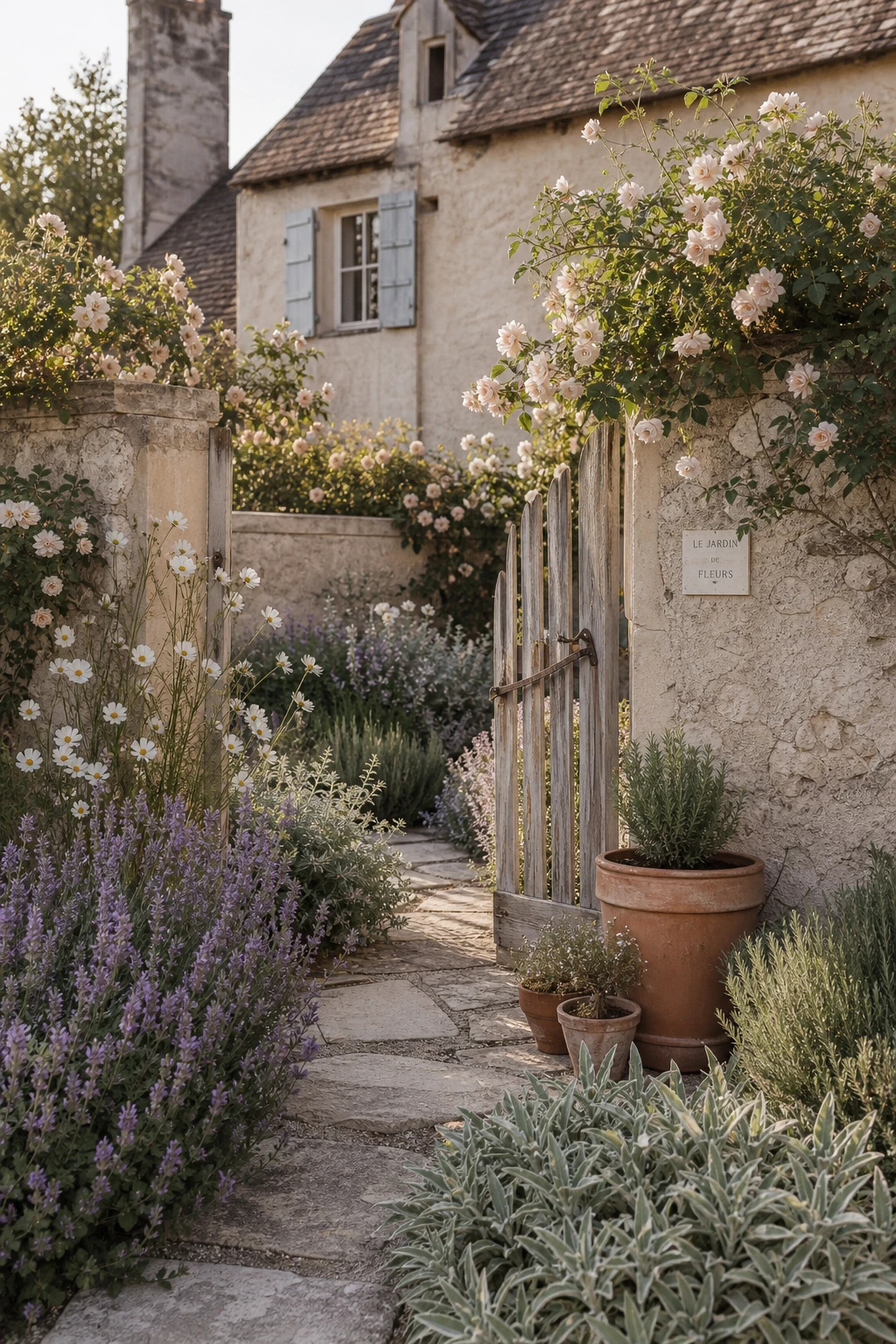 French cottage style garden with soft romantic planting, stone path, weathered wooden gate, and Farrow & Ball Skimming Stone painted wall under warm afternoon light