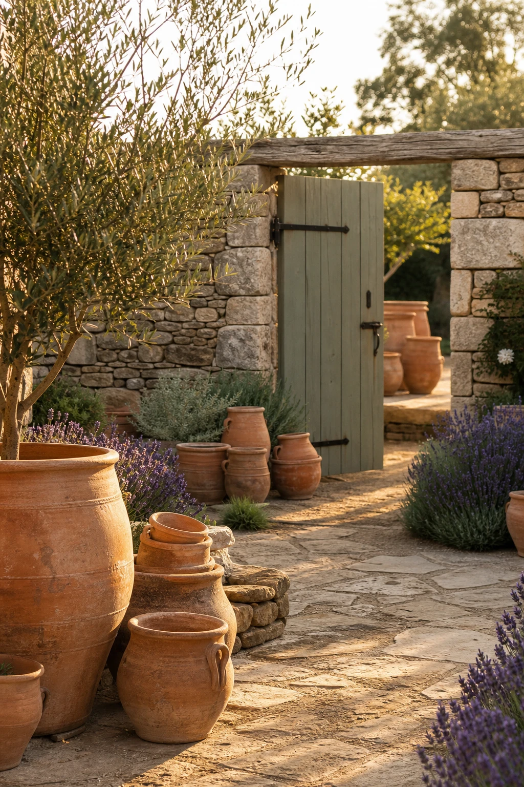 French country garden with repeated terracotta pots, stone path, lavender borders and Farrow & Ball Menagerie painted wooden gate in warm afternoon light
