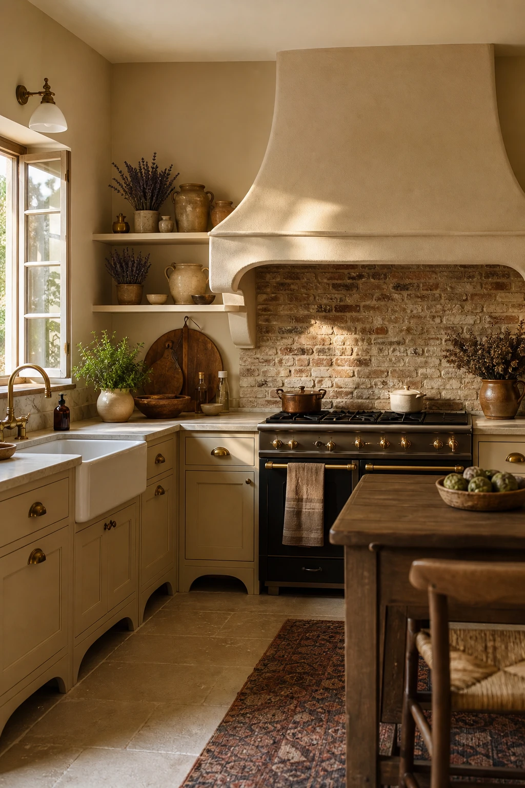 French country kitchen with beige cabinets, exposed brick backsplash, curved hood, aged brass hardware, and warm natural light on Farrow and Ball Jitney painted walls