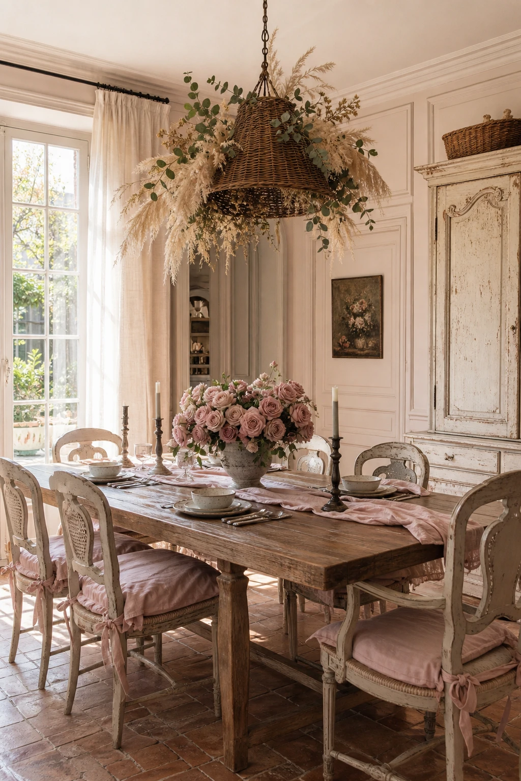 French country pink and white dining room with rustic wood table, rattan chairs, linen drapes and Farrow and Ball Au Lait walls in warm romantic light