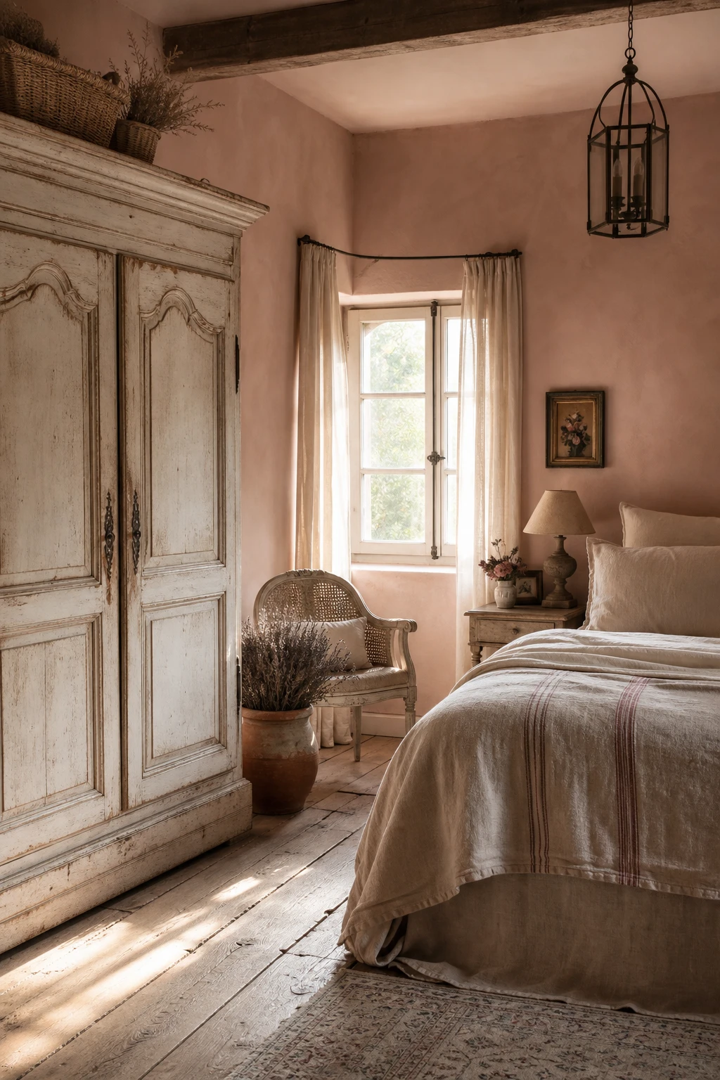 French Country style pink English country bedroom with aged linen bedding, painted furniture and Setting Plaster walls bathed in soft morning light