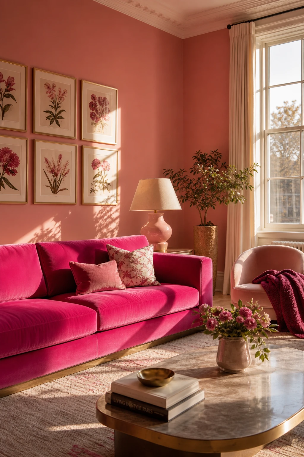 Fuchsia living room with a bold statement sofa, layered pink accents, warm afternoon light, and Farrow and Ball Potted Shrimp walls creating cohesive colour depth