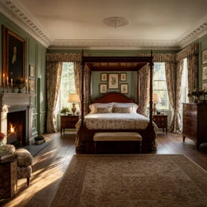 Georgian English country bedroom with a mahogany four poster bed, sage green panelled walls, carved fireplace, sash windows with floral curtains, and warm afternoon light across wide board oak floors.