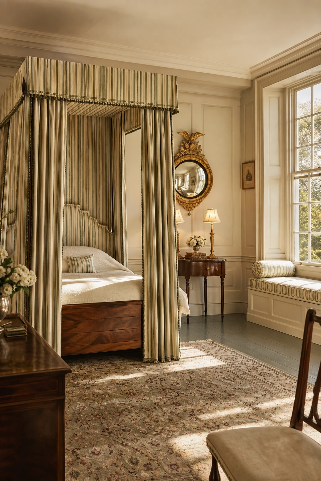 Georgian bedroom English country in Regency style with striped silk textiles and gilt accents on walls painted Farrow and Ball Clunch warm white