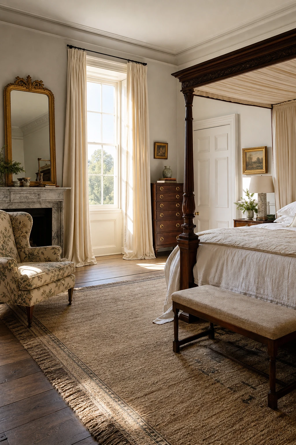 Georgian bedroom with English Country style featuring manor house scale tall curtains, statement rug, four poster bed and warm neutral walls painted Farrow and Ball Shaded White