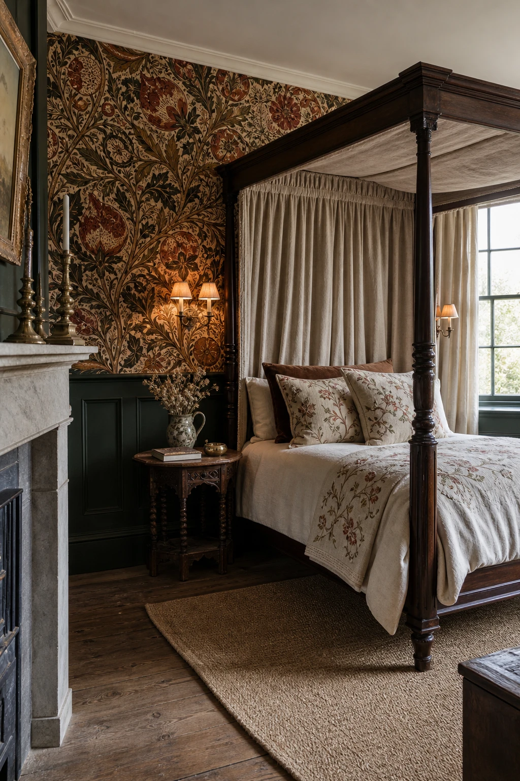 Georgian bedroom with Jacobean print wallpaper as hero, deep green panelled dado, canopy bed, brass wall sconces and wide oak floorboards in English country style