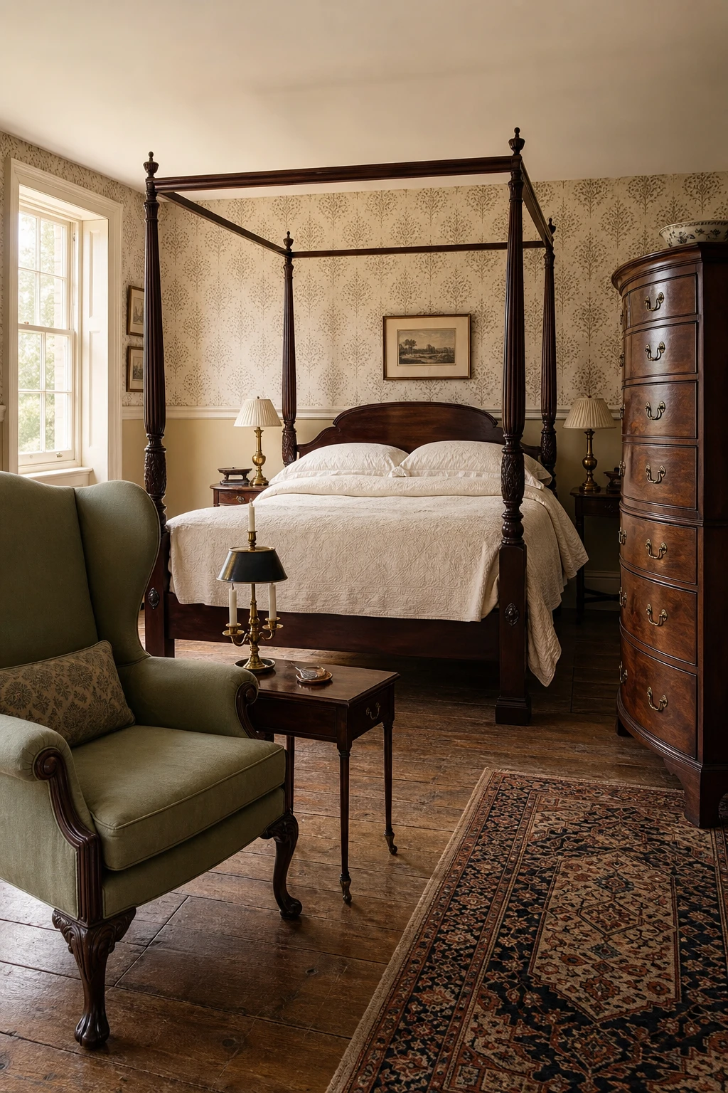 Georgian bedroom with period furniture mix featuring mahogany tallboy, wingback chair, four poster bed and Skimming Stone walls in warm English country style