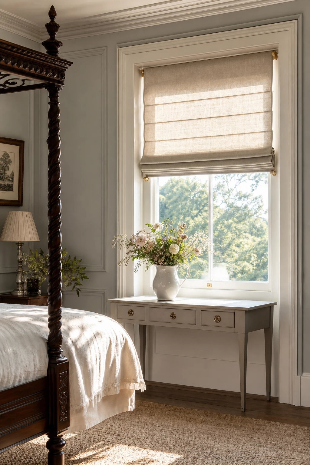 Georgian bedroom with Roman blinds as the hero, Farrow and Ball Parma Gray walls, sash window, antique brass fittings and linen bedding in an English country style