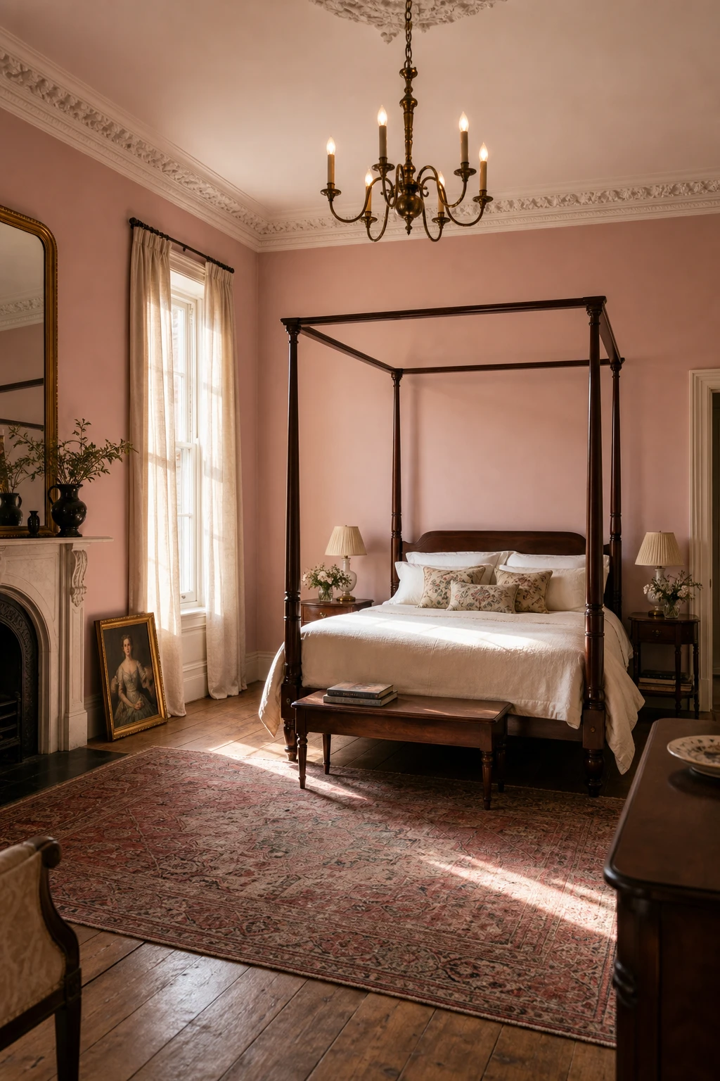 Georgian bedroom with Setting Plaster pink walls, carved cornice, sash window with linen drapes, antique brass chandelier and mahogany four poster bed in English country style