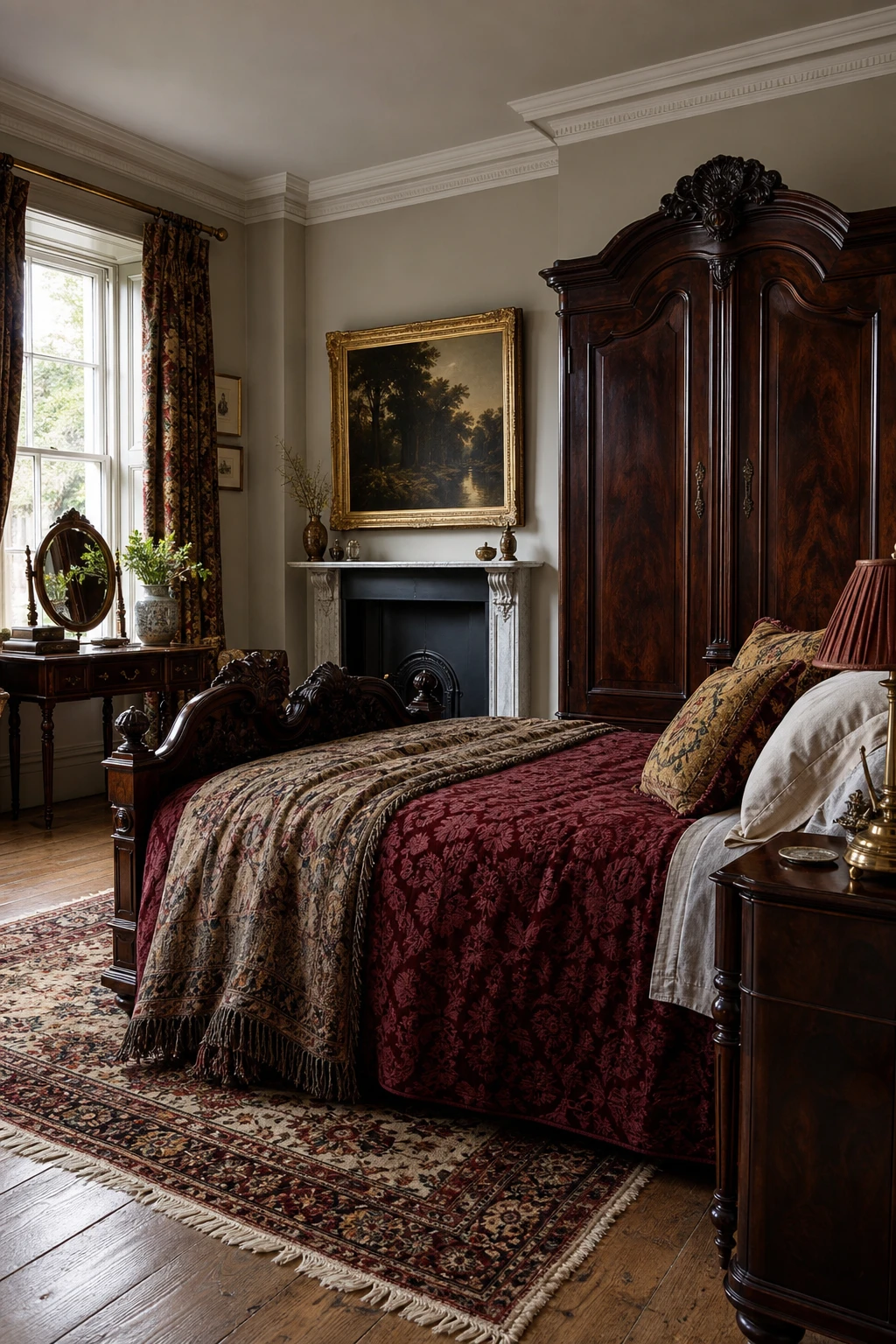 Georgian bedroom with Victorian richness layered in via dark mahogany furniture, patterned textiles, and Farrow & Ball Elephant's Breath walls in an English country setting