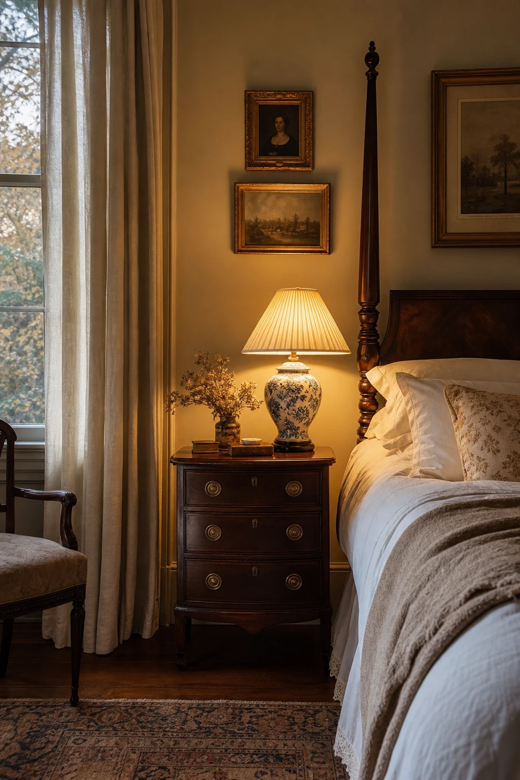 Georgian bedroom with warm bedside lamp glow on Farrow and Ball Matchstick walls, linen bedding, antique nightstand, and soft English country details