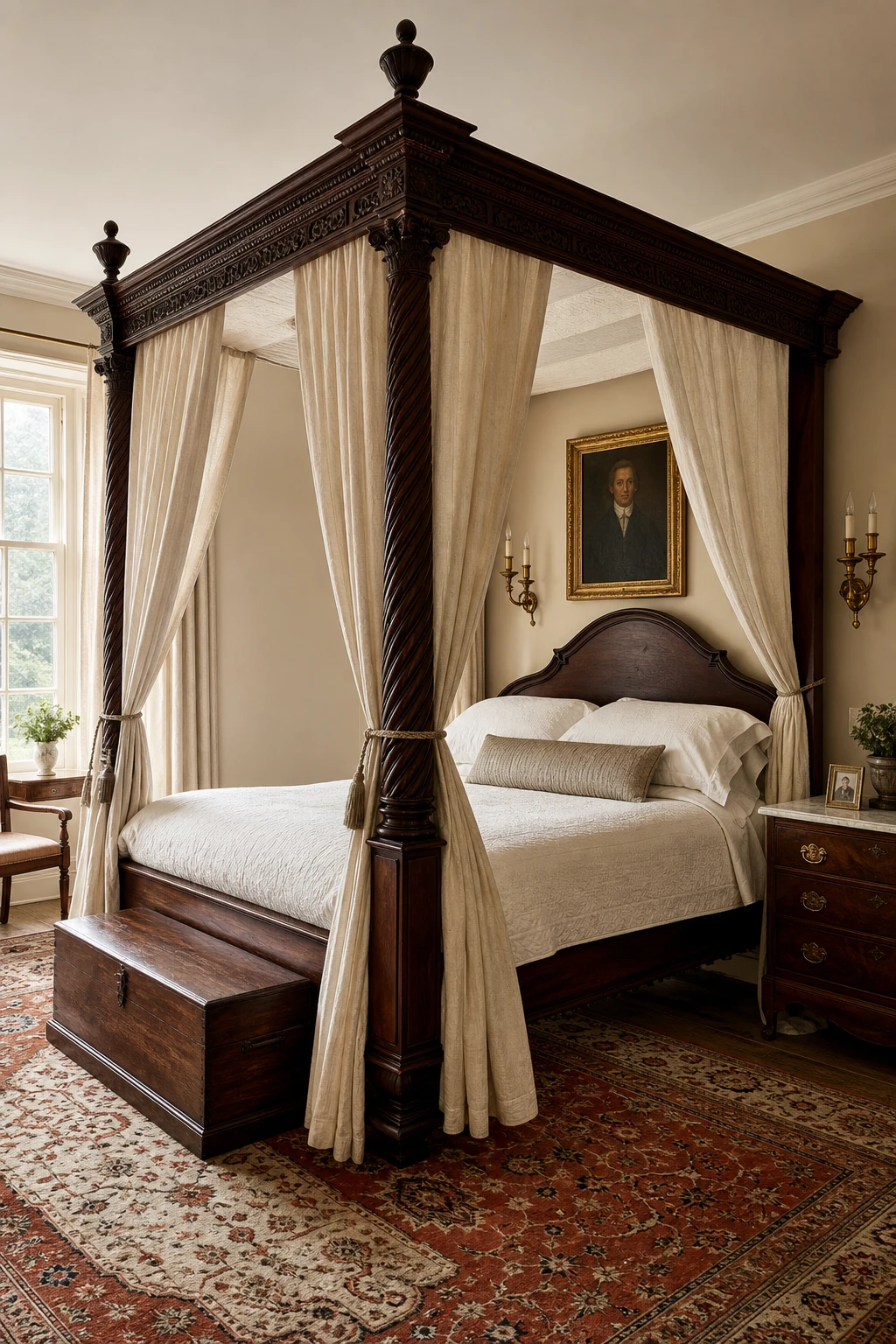Georgian English country bedroom centered on a mahogany four poster bed dressed in ivory linen, walls in Farrow and Ball String warm neutral, antique rugs and candlelight sconces