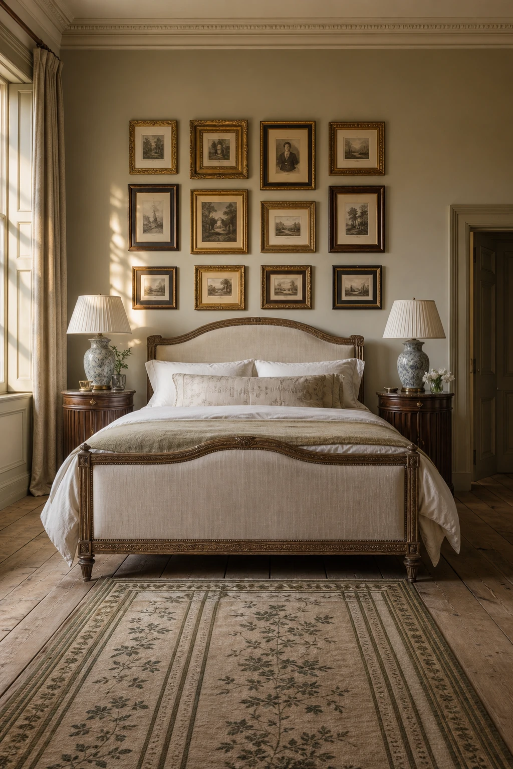 Georgian English country bedroom with a formal grid gallery wall of ornate frames above a classic upholstered bed, warm neutral walls in Farrow & Ball Dauphin paint
