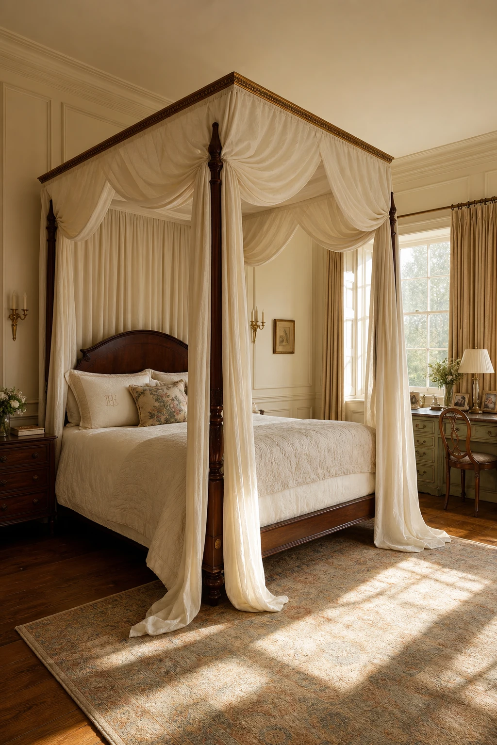 Georgian English country bedroom with a grand four poster bed draped in ivory linen canopy, warm neutral walls, sash windows and antique oak floor