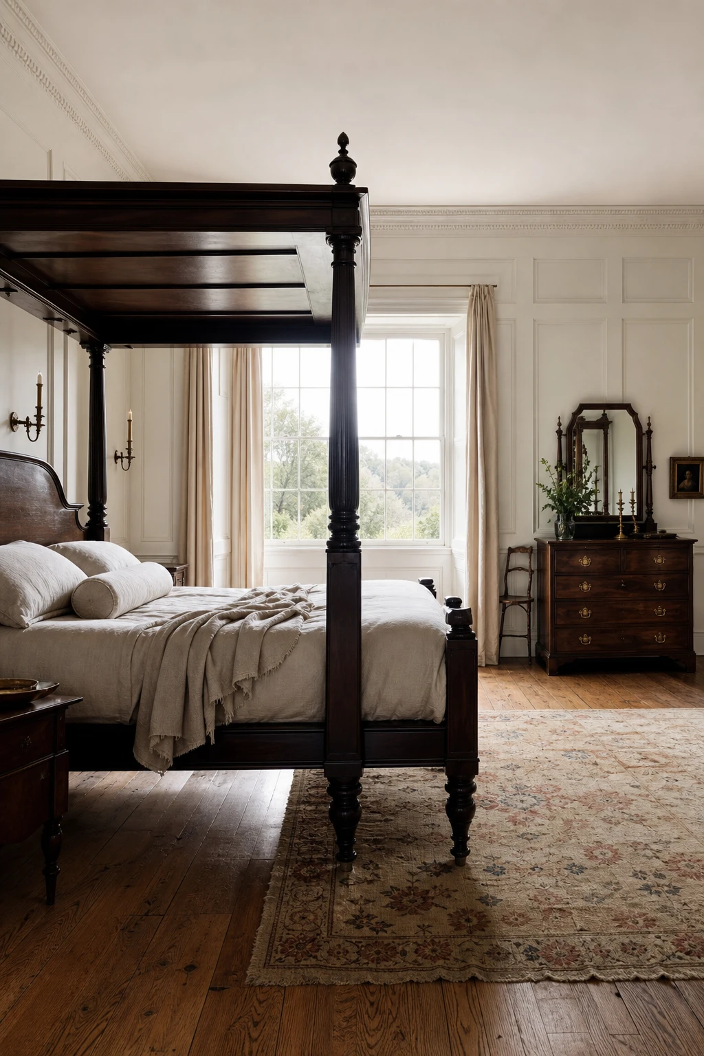 Georgian English country bedroom with dark wood furniture contrasting against pale Cornforth White walls, soft morning light, linen bedding and antique brass details