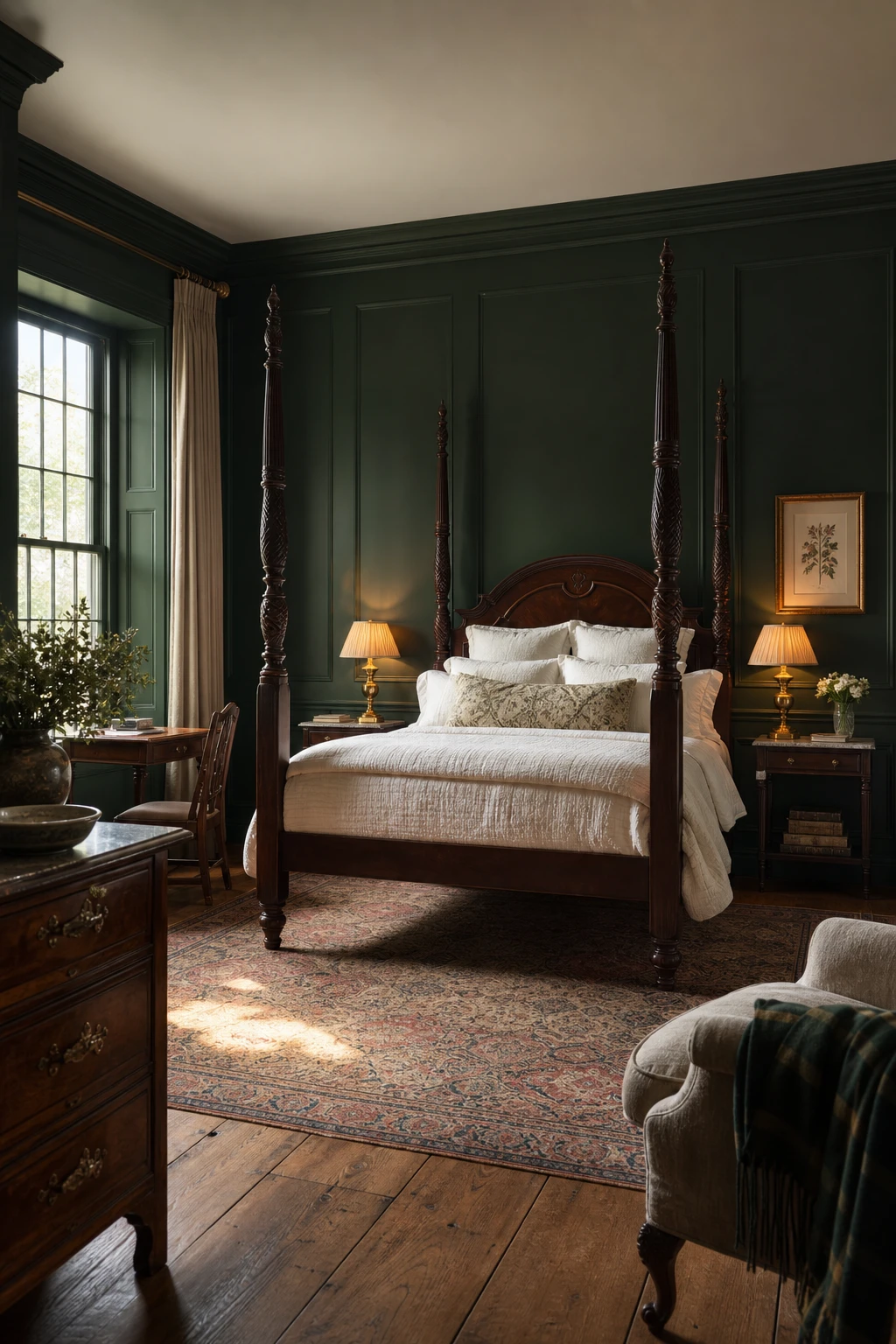 Georgian English country bedroom with deep dark green walls, a carved mahogany four poster bed, linen drapes, brass candlestick lamps and wide plank oak floors