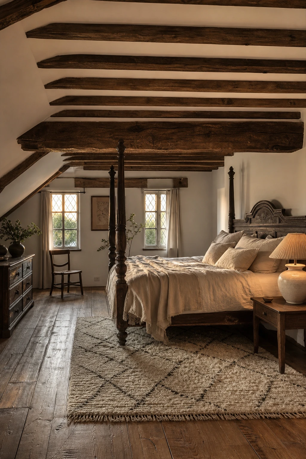 Georgian English country bedroom with exposed wood beams as hero, whitewashed walls, linen bedding, leaded casement windows and warm candlelight at dusk