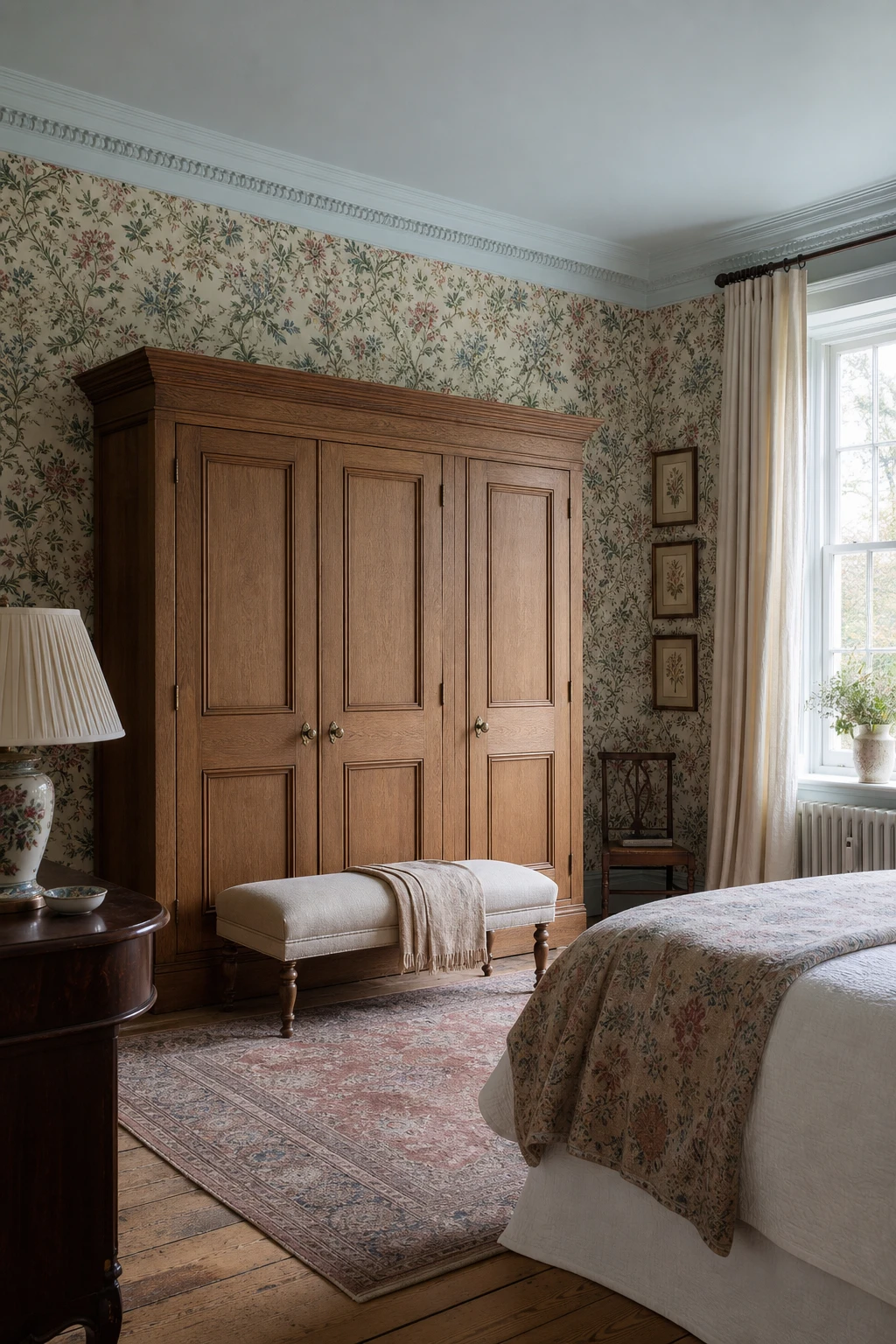 Georgian English country bedroom with floral wallpaper paired with a solid wooden wardrobe, soft blue trim, antique rug, and natural morning light